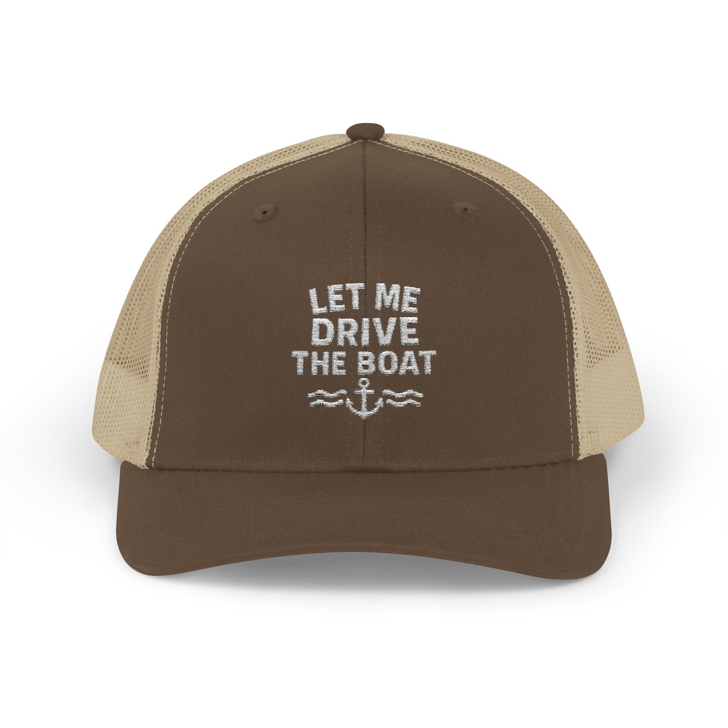 Snapback Trucker Cap – Let Me Drive The Boat - Sand Logo