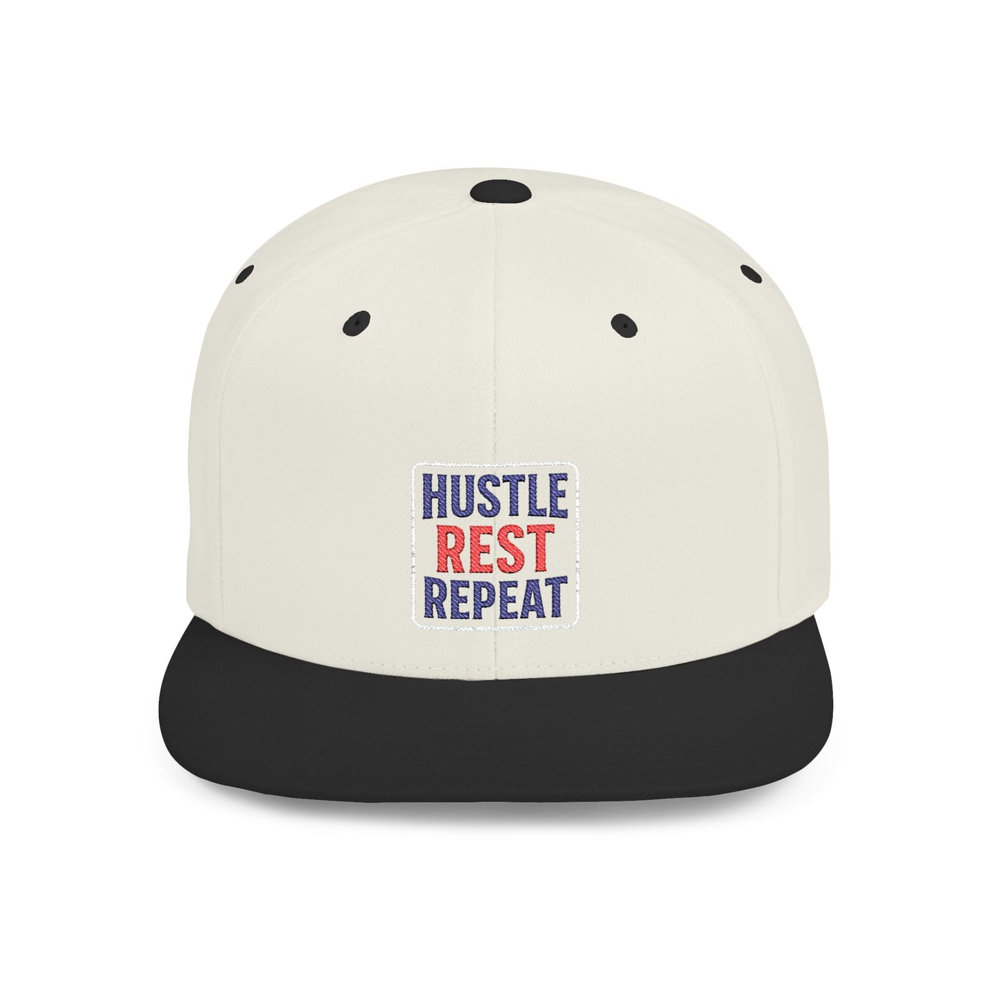 Flat Bill Snapback Cap - Hustle Rest Repea - Blue Red Logo