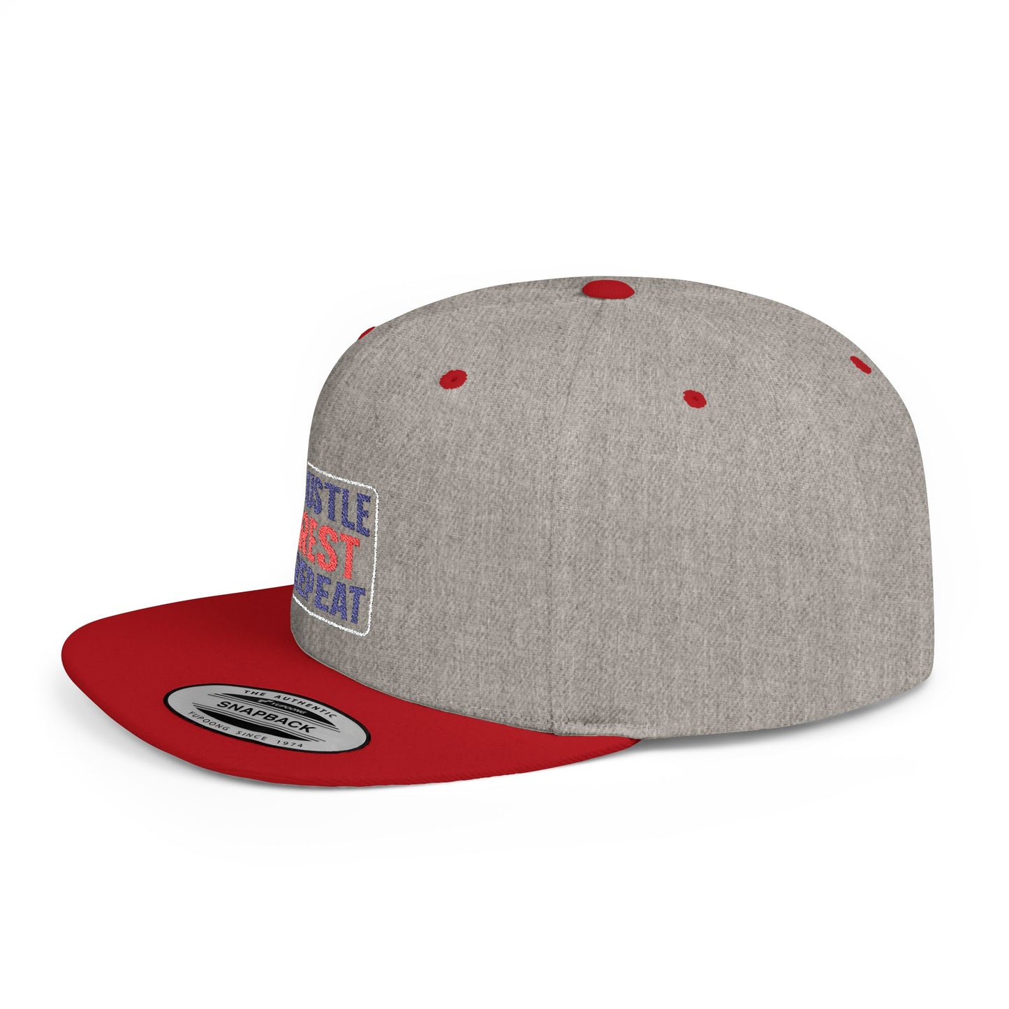 Flat Bill Snapback Cap - Hustle Rest Repea - Blue Red Logo