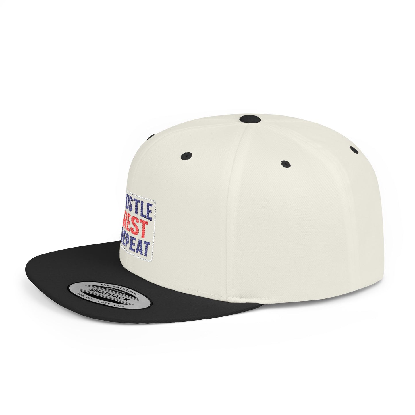 Flat Bill Snapback Cap - Hustle Rest Repea - Blue Red Logo