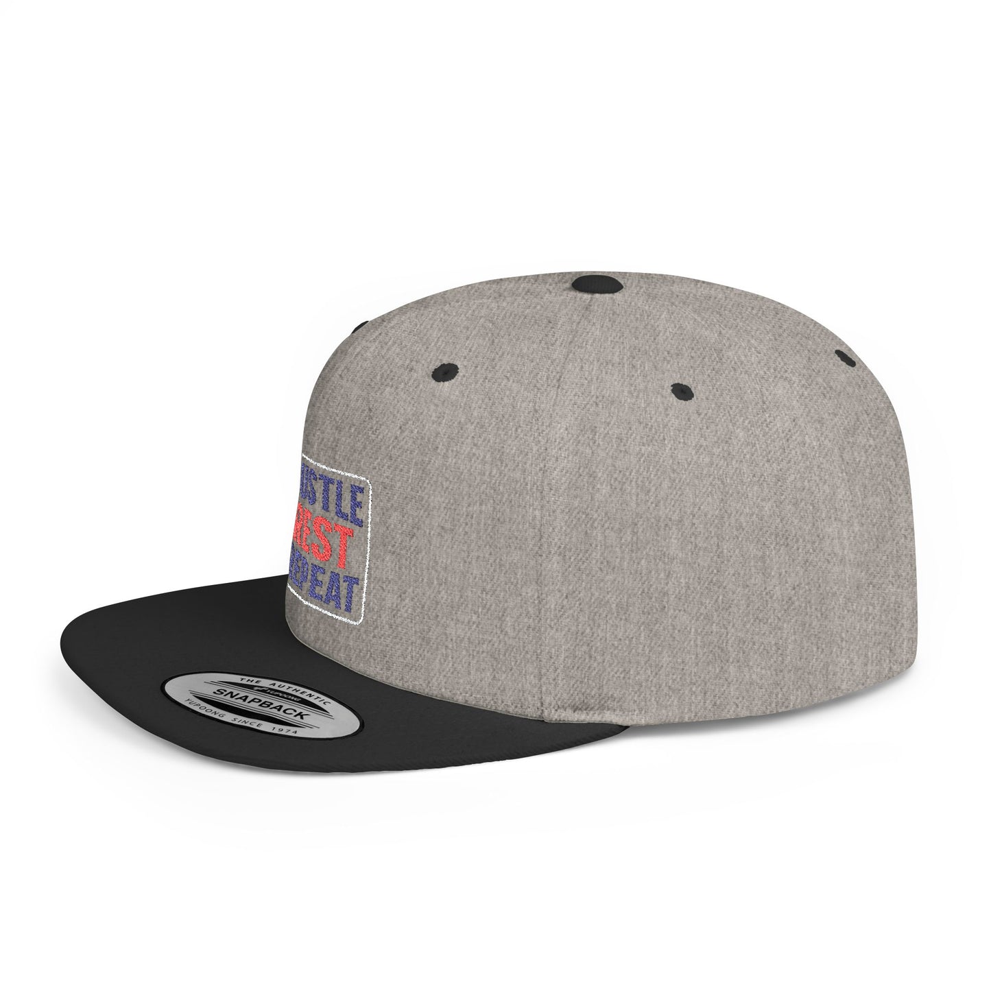 Flat Bill Snapback Cap - Hustle Rest Repea - Blue Red Logo