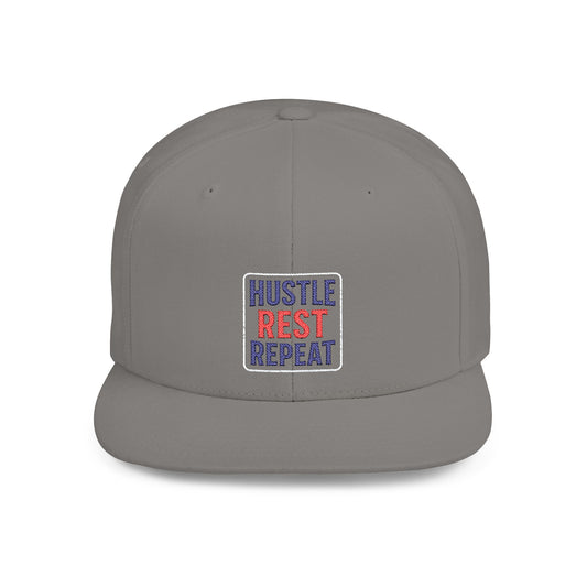 Flat Bill Snapback Cap - Hustle Rest Repea - Blue Red Logo