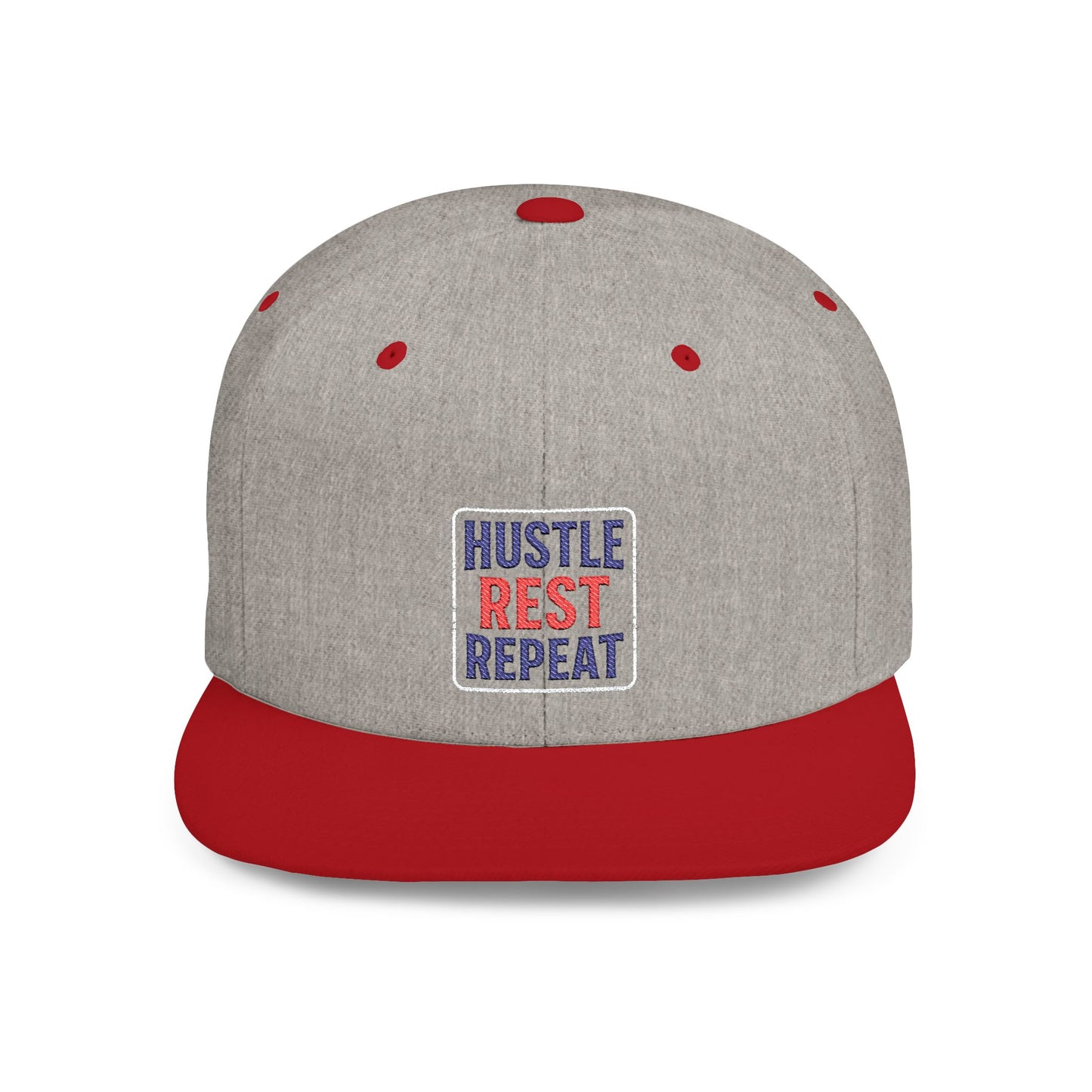 Flat Bill Snapback Cap - Hustle Rest Repea - Blue Red Logo