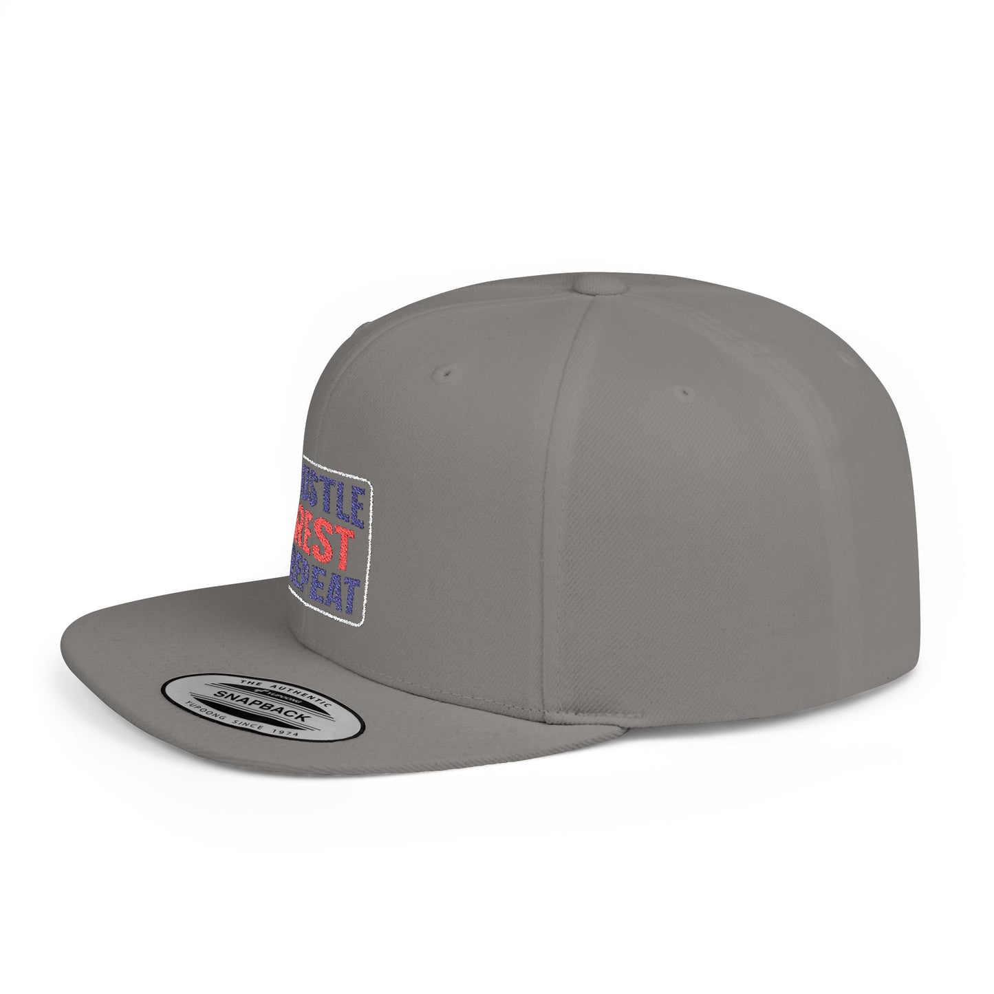 Flat Bill Snapback Cap - Hustle Rest Repea - Blue Red Logo