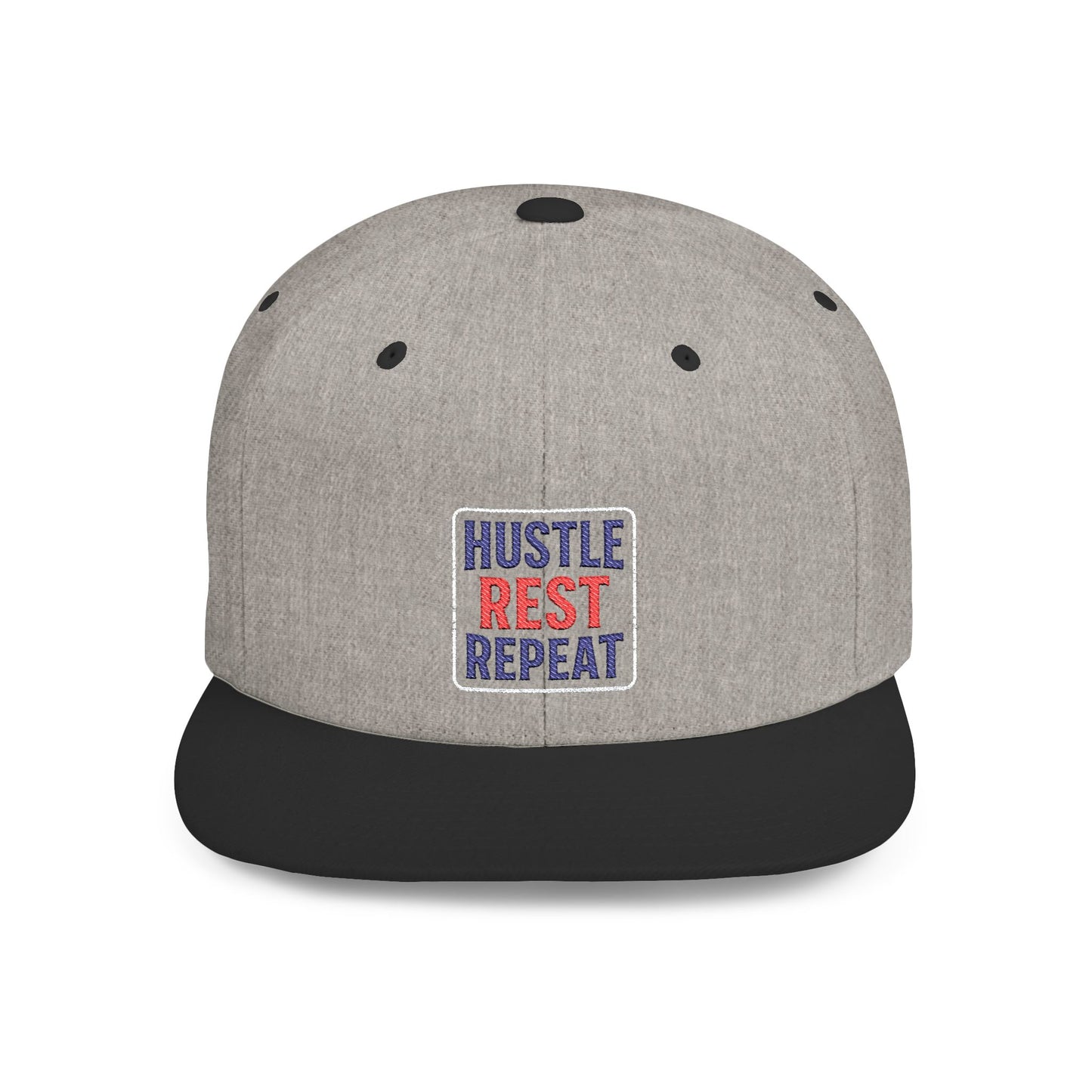 Flat Bill Snapback Cap - Hustle Rest Repea - Blue Red Logo